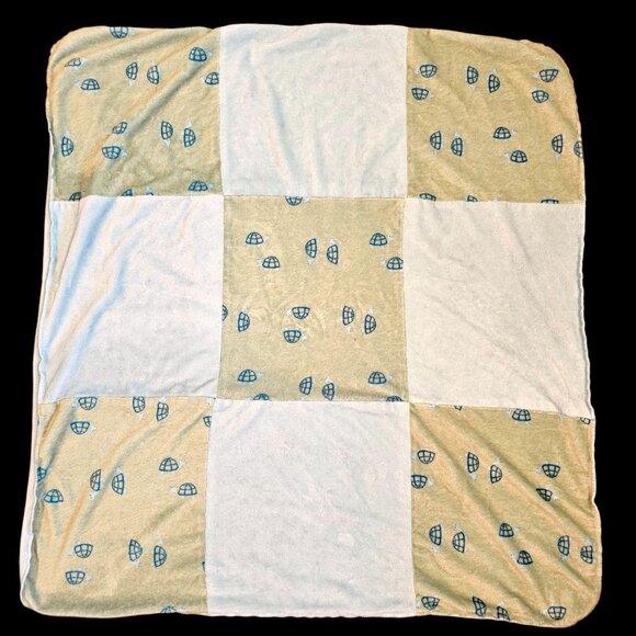Light Blue Green Checkered Baby Blanket Turtle Turtles Soft Patchwork - Picture 2 of 9